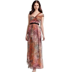 BCBGMaxAzria Inga One Shoulder Halter Silk Maxi Dress Multicolor Sz 10 Cocktail